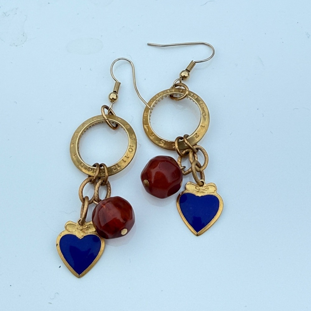 Vintage Gold and Blue Heart Charm Earrings